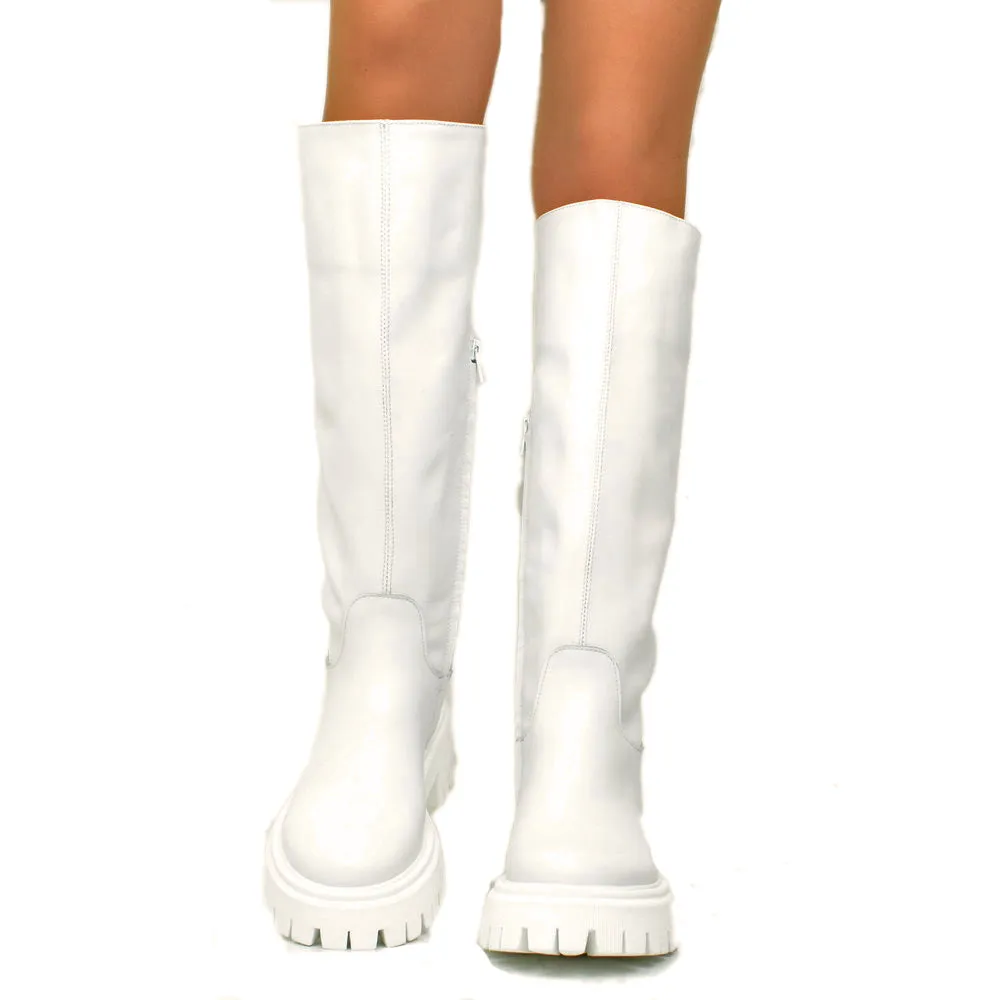 Stivali Donna Bianchi in Pelle con Fondo Platform Made in Italy