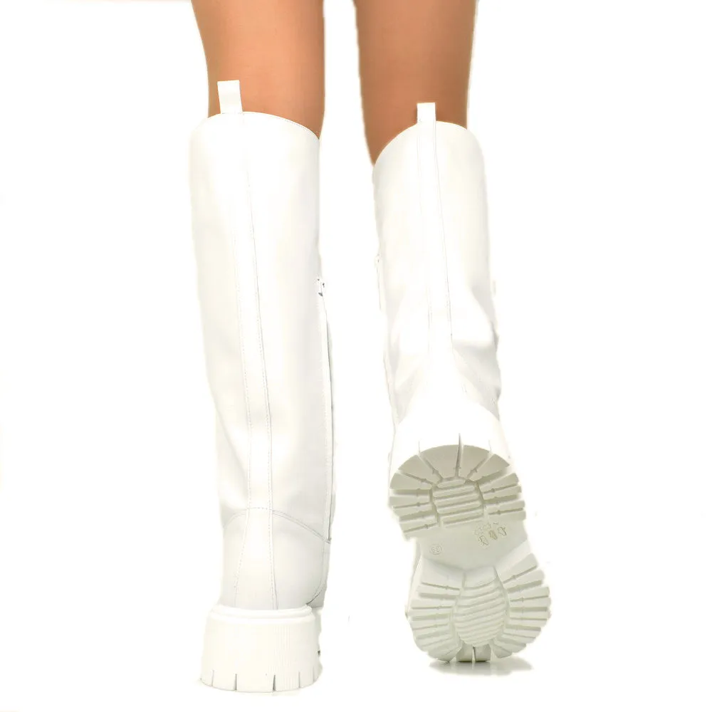 Stivali Donna Bianchi in Pelle con Fondo Platform Made in Italy