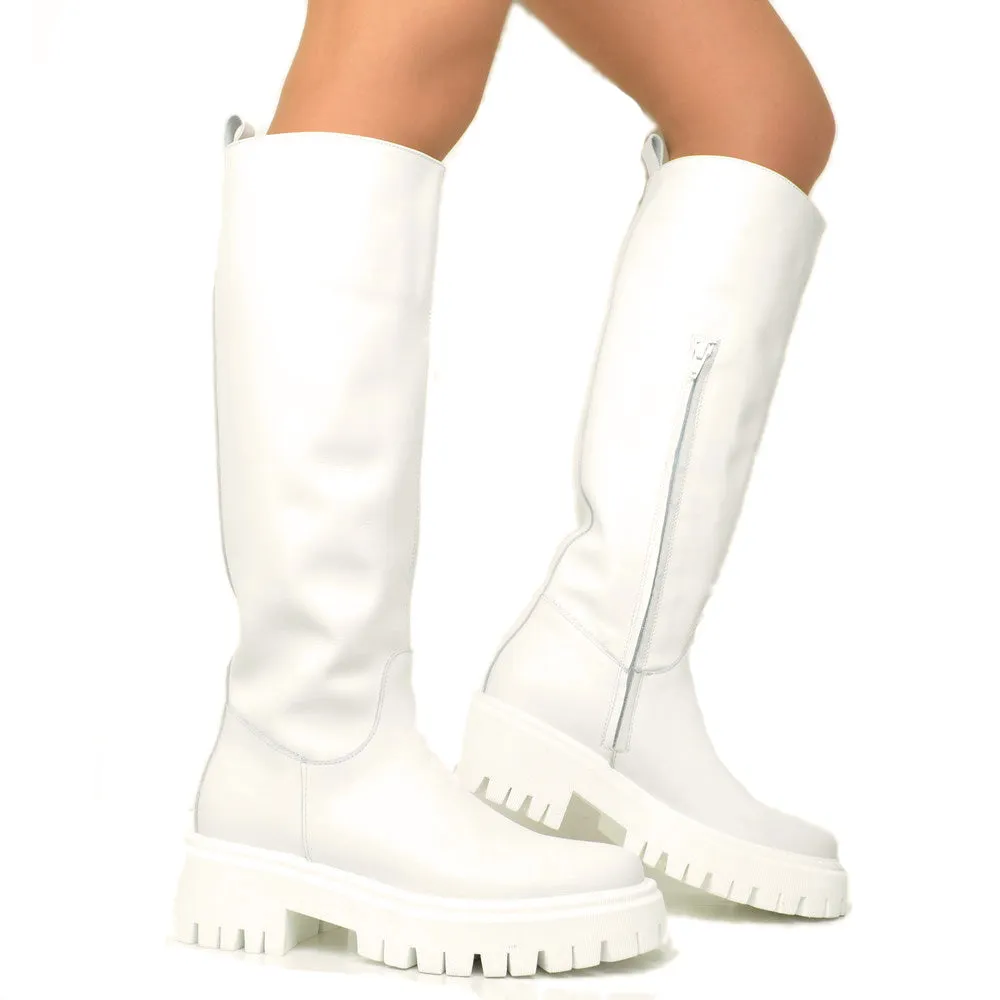 Stivali Donna Bianchi in Pelle con Fondo Platform Made in Italy