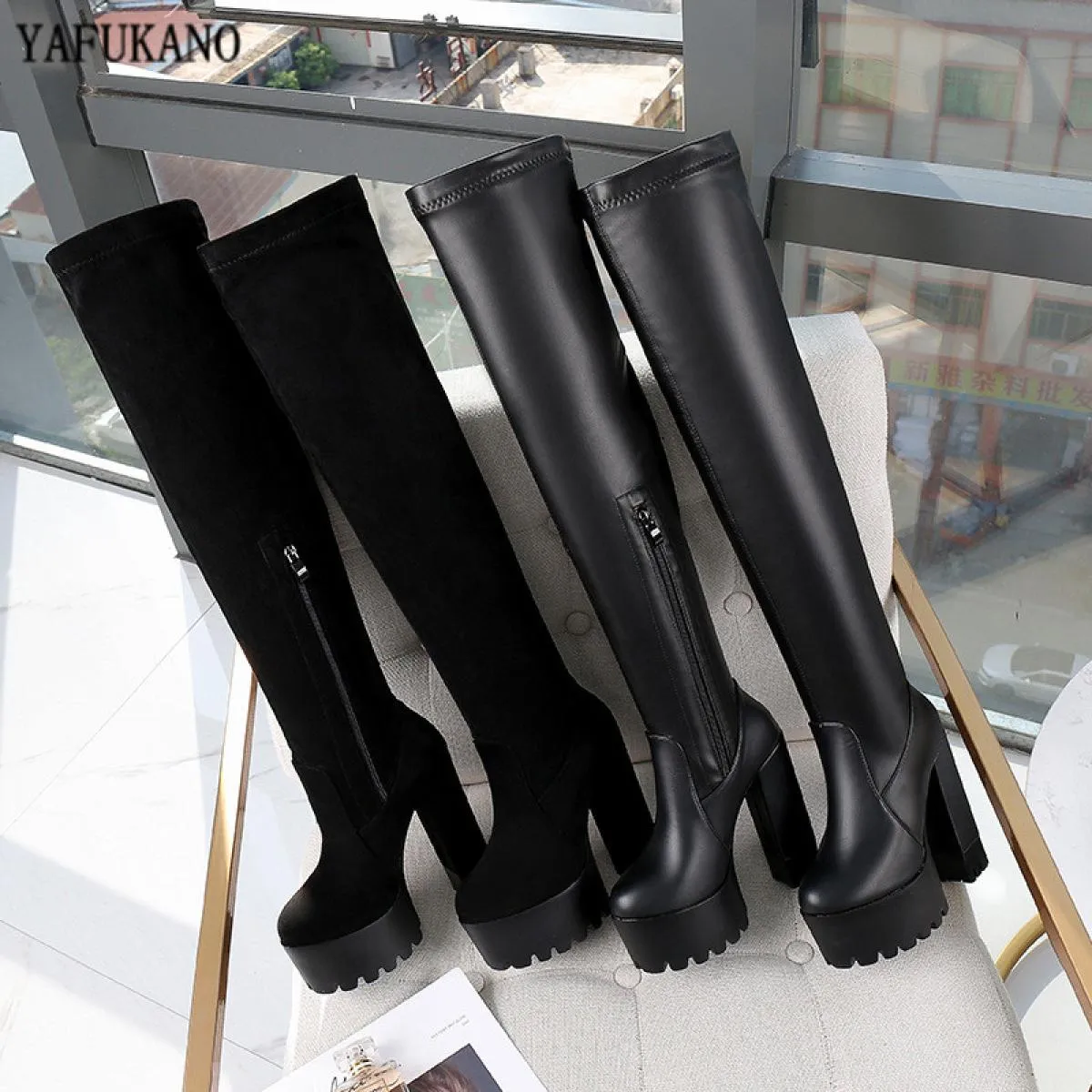 Stivali lunghi con tacco quadrato 14 cm Stivali sopra il ginocchio da donna Stivali con tacco alto a tubo da stufa Stivali elast
