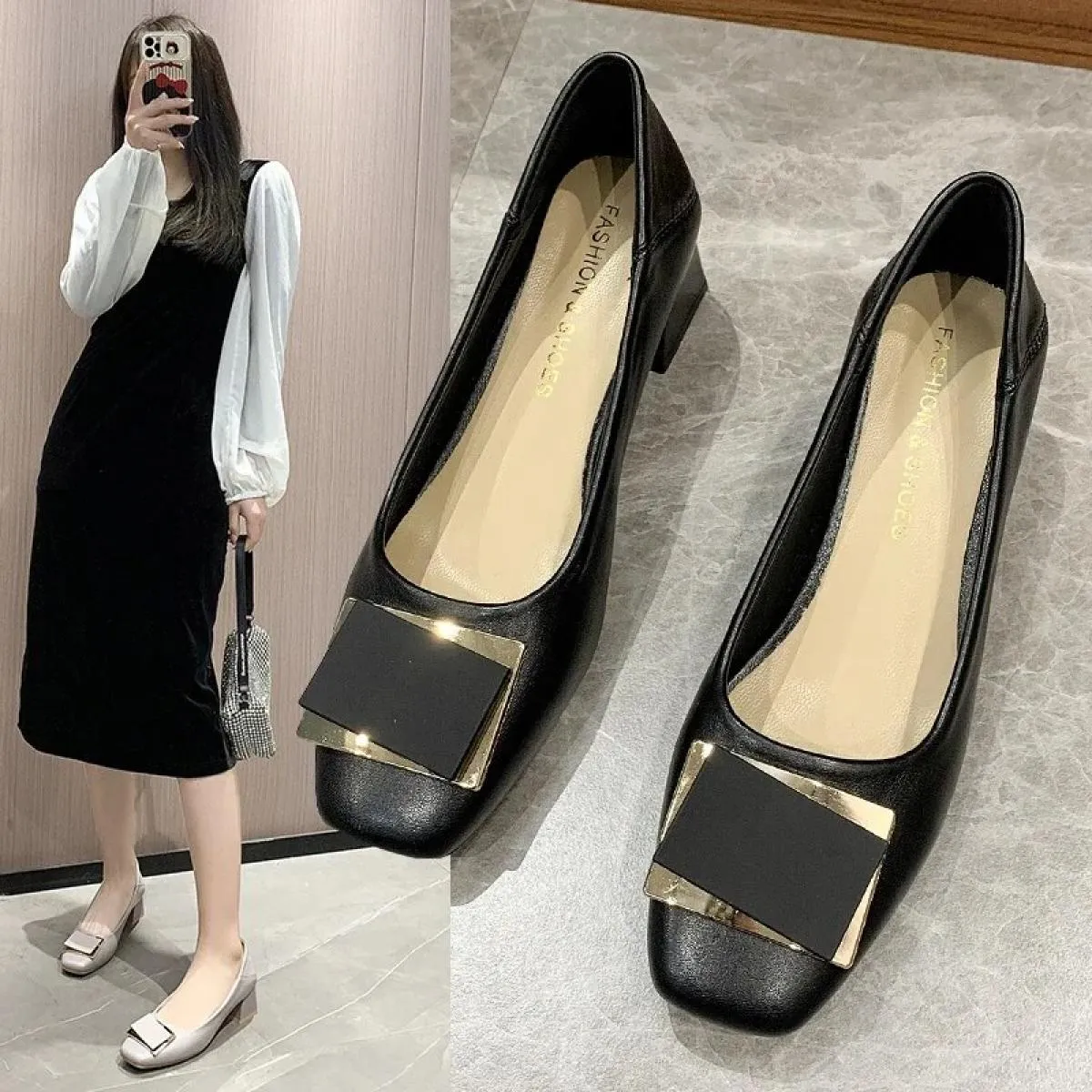 Tacchi bassi Bocca superficiale Scarpe casual da donna Ballerine femminili Slip On Punta quadrata Abito in vera pelle Slip On su