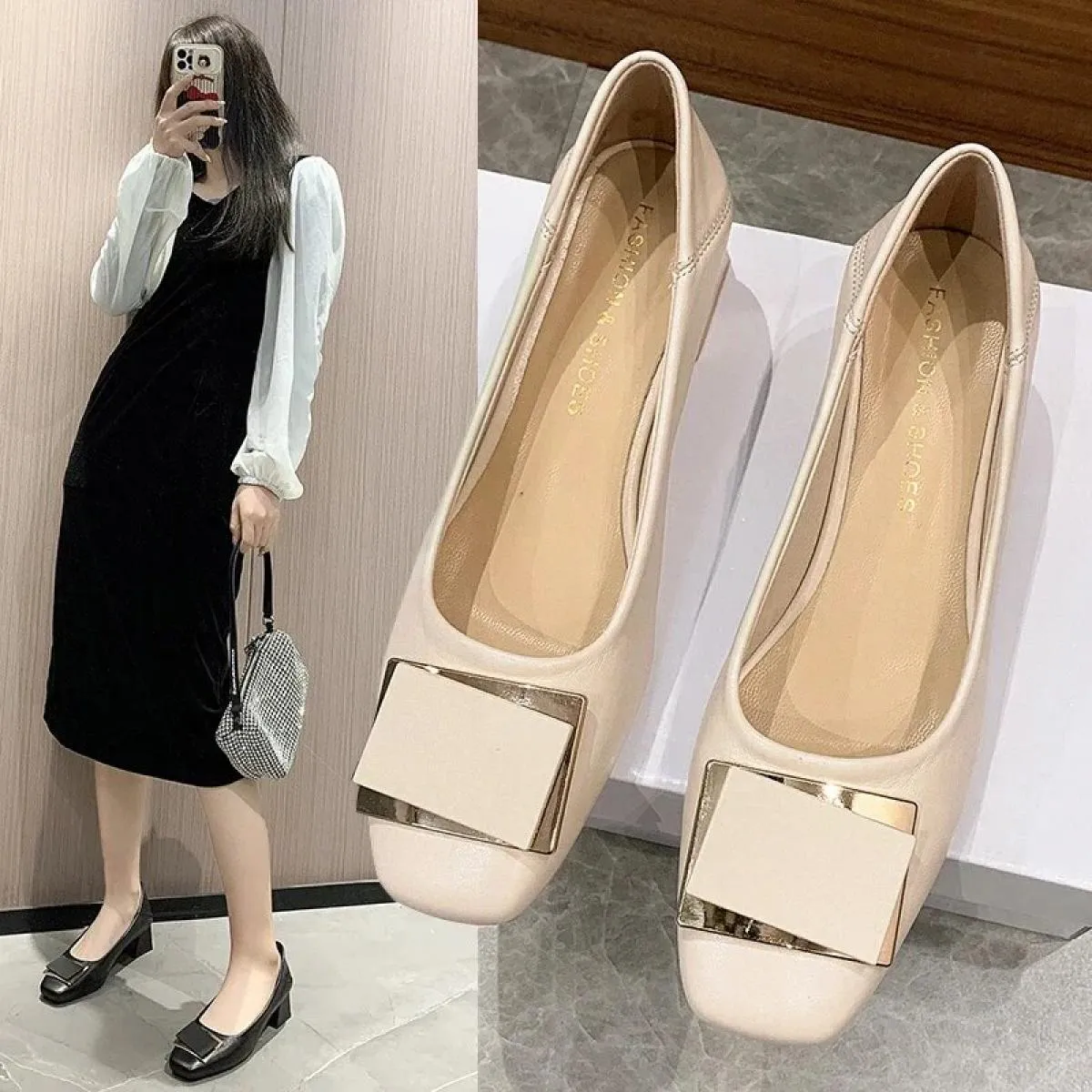 Tacchi bassi Bocca superficiale Scarpe casual da donna Ballerine femminili Slip On Punta quadrata Abito in vera pelle Slip On su