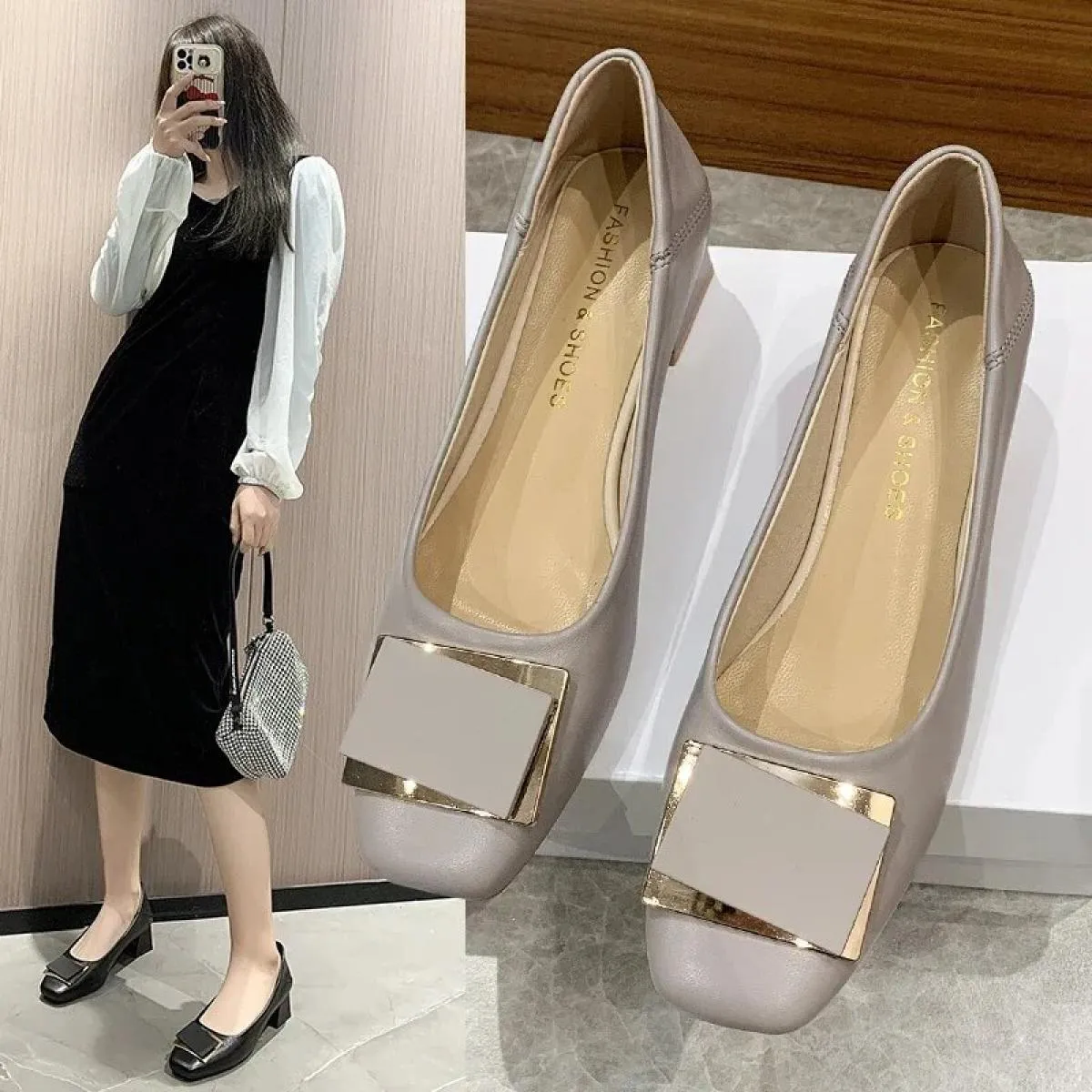 Tacchi bassi Bocca superficiale Scarpe casual da donna Ballerine femminili Slip On Punta quadrata Abito in vera pelle Slip On su