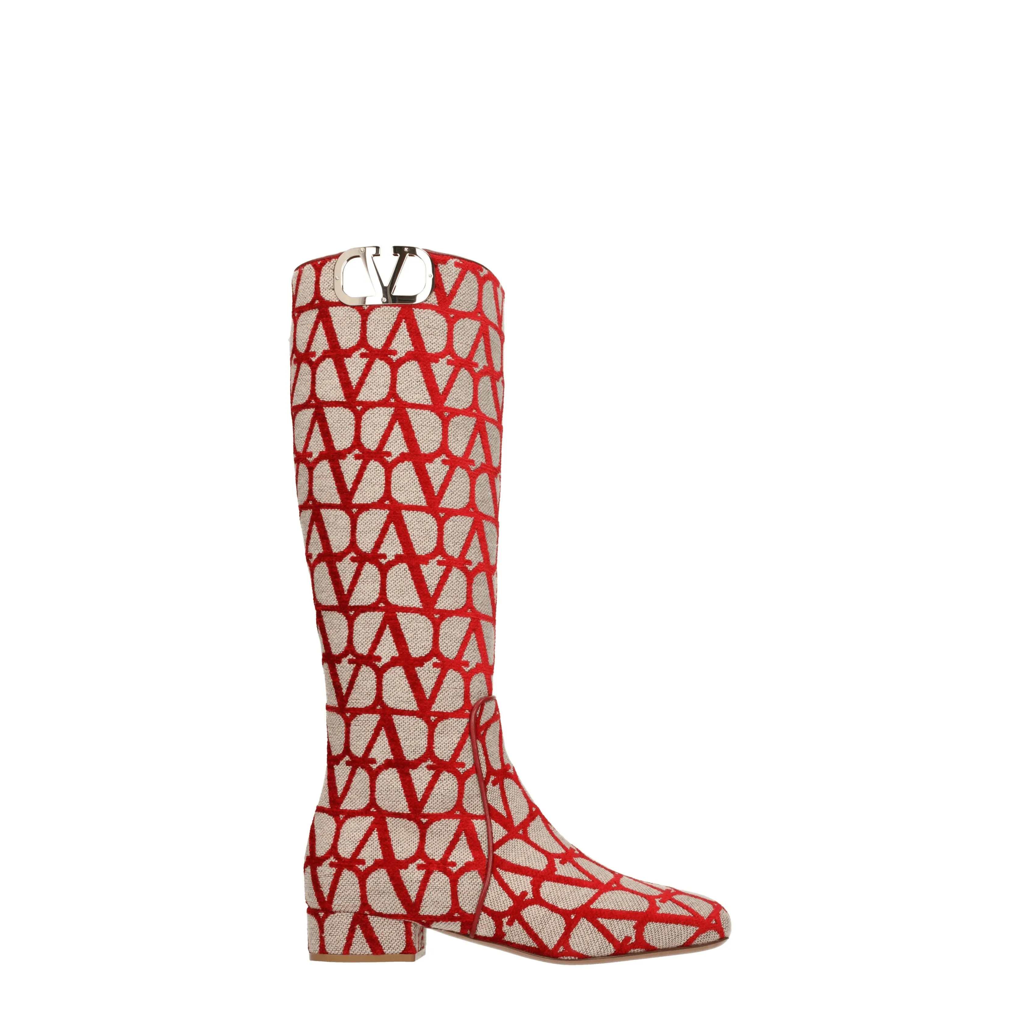 Valentino Garavani Stivali Vlogo Donna Tessuto Beige/Rosso